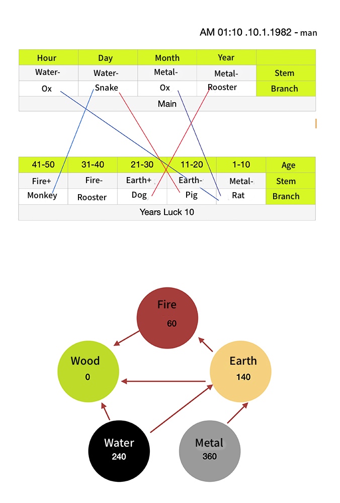 Ba Zi chart - birth chart of a second clinical case in Chinese medicine